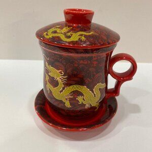 Chinese Lidded Mug w Saucer & Insert ~ Red and Gold Dragon Design